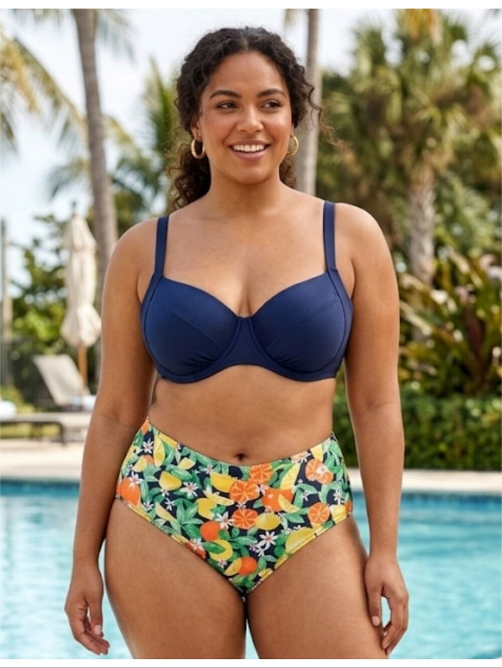 Old Navy High Waisted  Cross Front Mixed Fruit Bikini Bottoms Navy Multicolor 3X